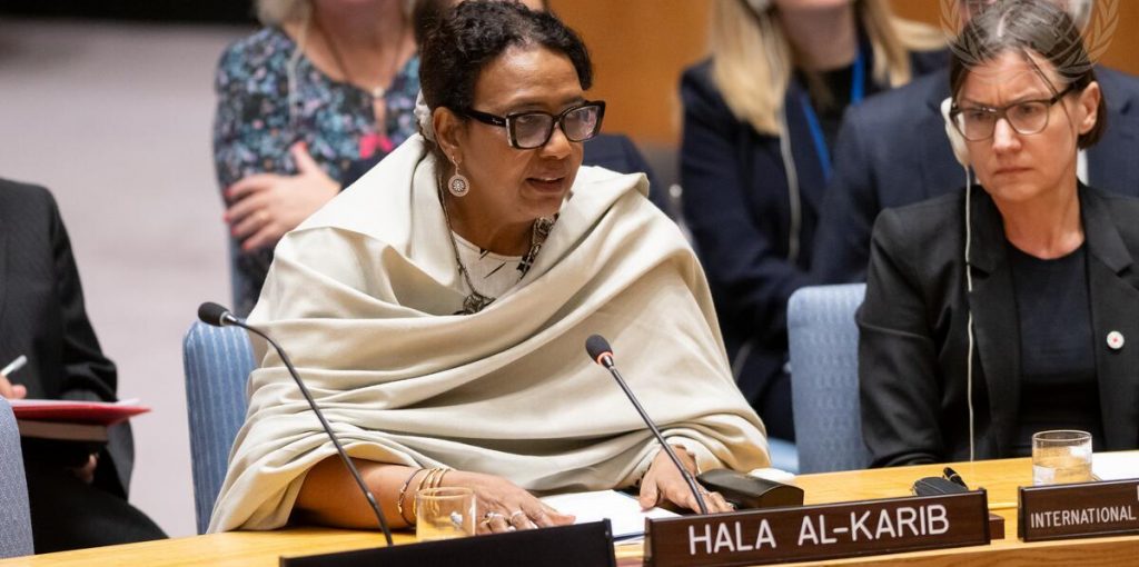 Hala Al-Karib, Regional Director of the Strategic Initiative for Women in the Horn of Africa, briefs the Security Council meeting on women and peace and security, with a focus on women’s participation in international peace and security: from theory to practice.